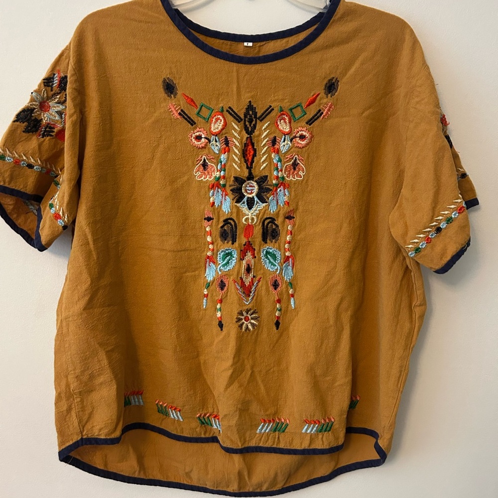 Embroidered Mustard Women’s Top - Boho Short Sleeve